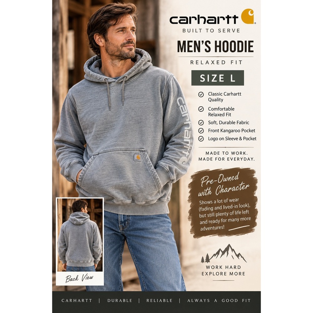Carhartt Mens TS6253-M Relaxed Fit Faded Gray Logo Sleeve Hoodie Size L